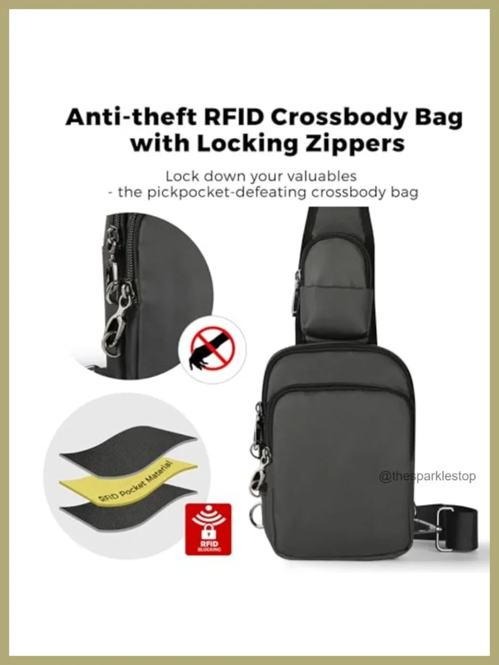 Anti Theft RFID Blocking Sling Crossbody Bag with Zipper Lock, Water Resistant